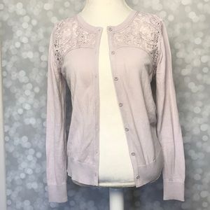 CAbi Lace Yolk Cardigan in Lilac.